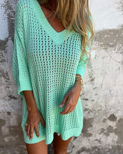 DAONA - Knitted V-Neck Top with Openwork Patterns