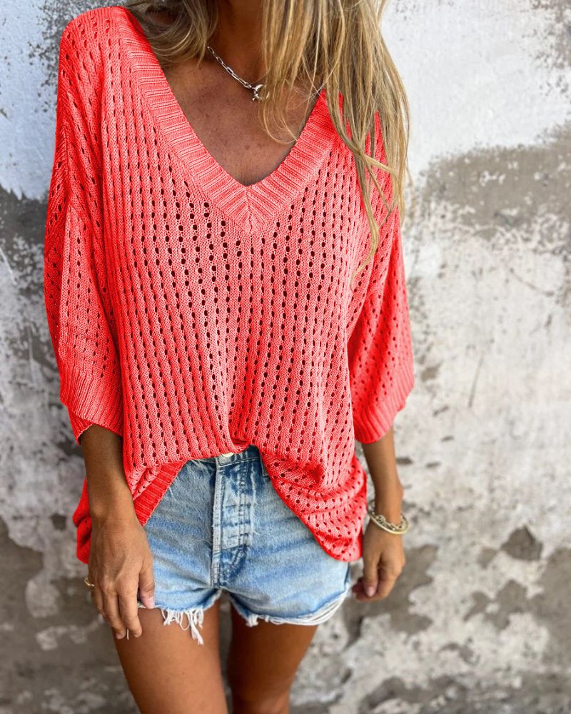 DAONA - Knitted V-Neck Top with Openwork Patterns