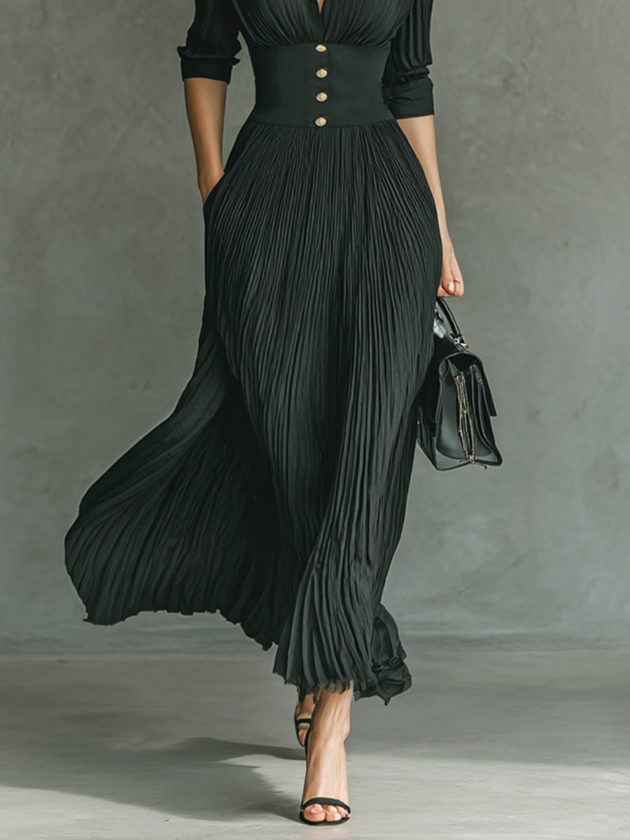 Elvira | Long Sleeve Pleated Lapel Dress
