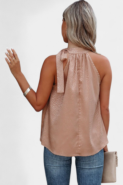 Adela Sleeveless Leopard Top with High Neck and Bow