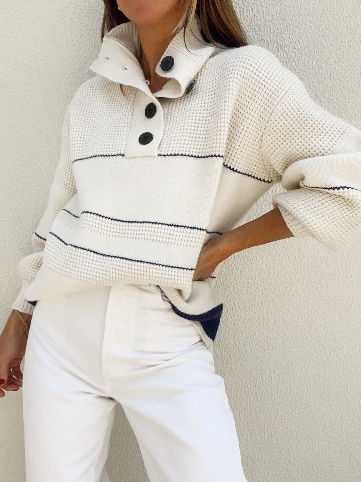 Open-collar sweater with buttons