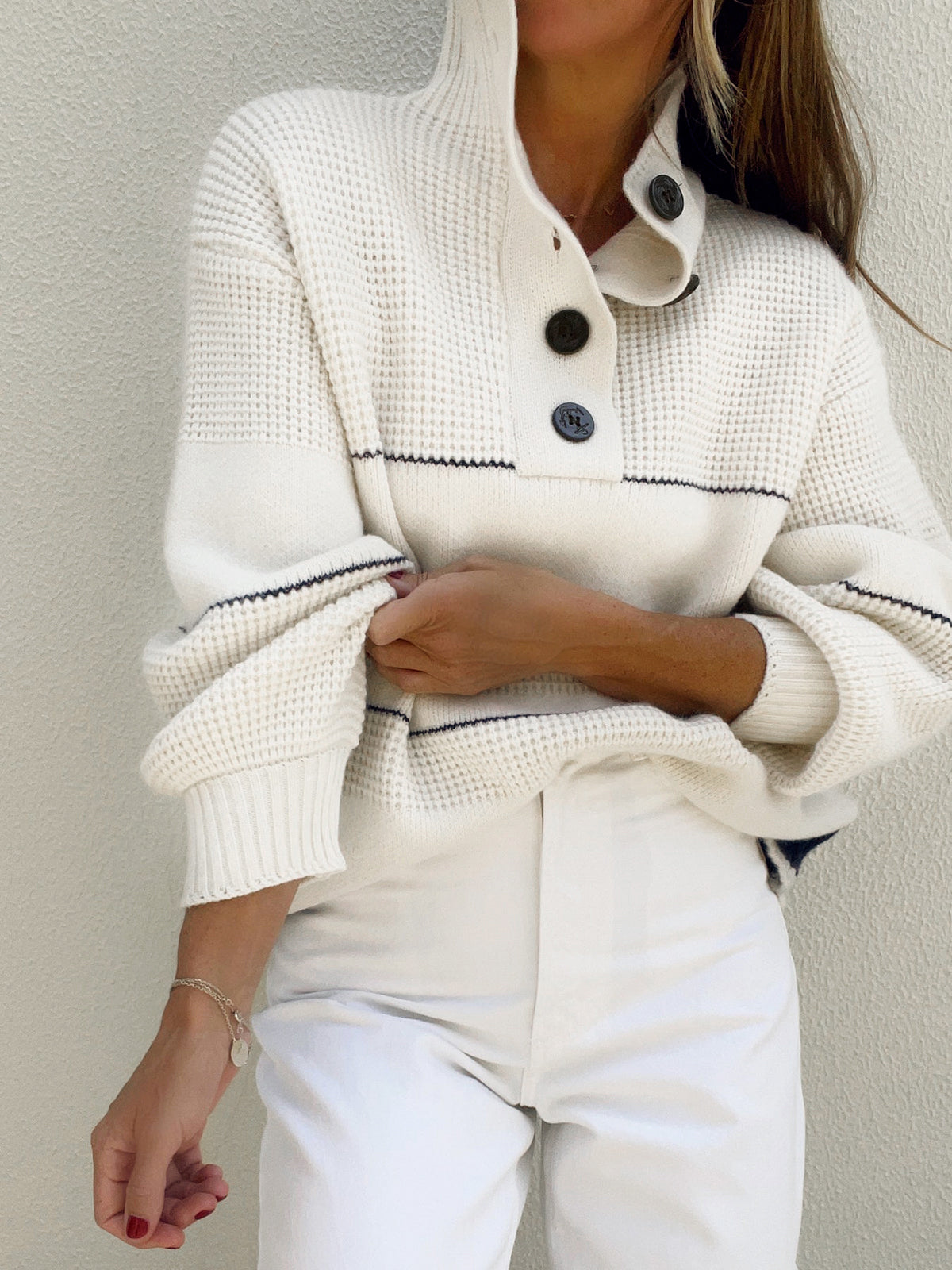 Open-collar sweater with buttons