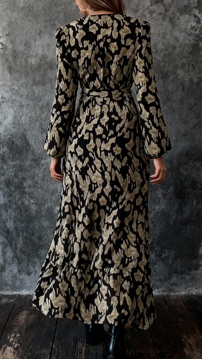 FLORA | Long printed dress with balloon sleeves, ruffled hem, and belt