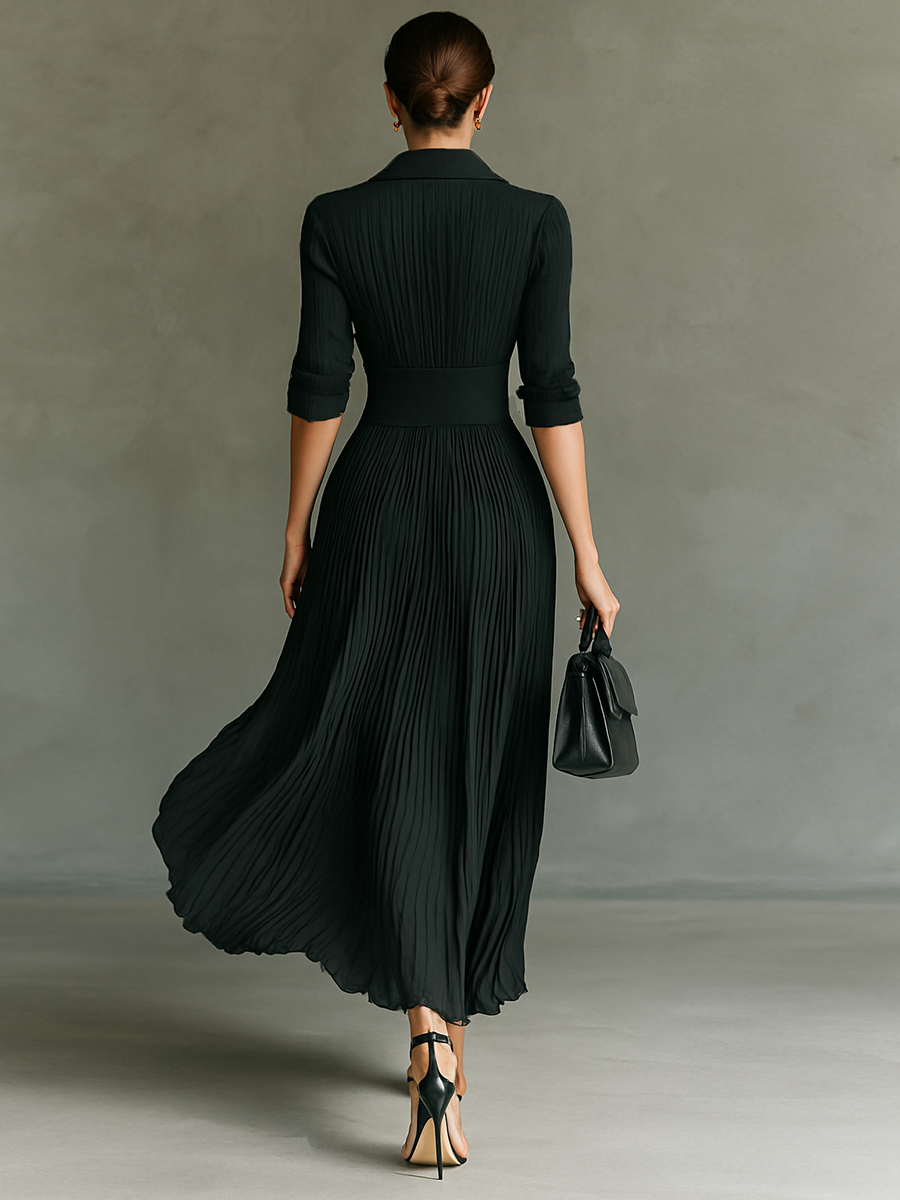 Elvira | Long Sleeve Pleated Lapel Dress