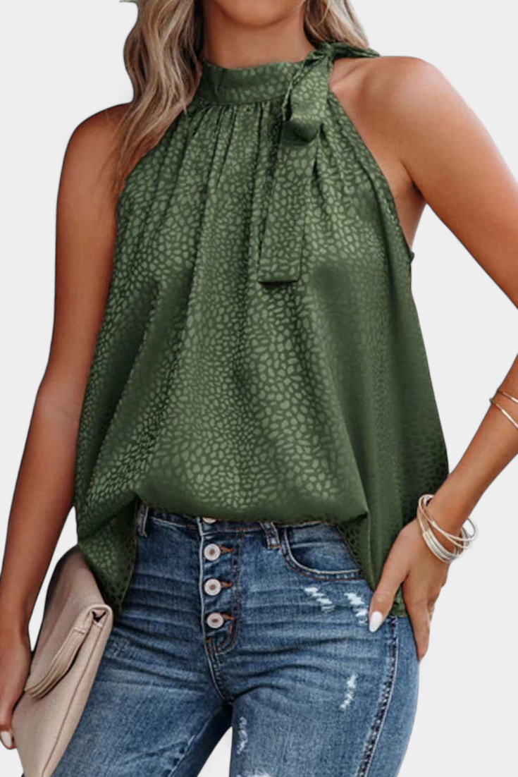 Adela Sleeveless Leopard Top with High Neck and Bow