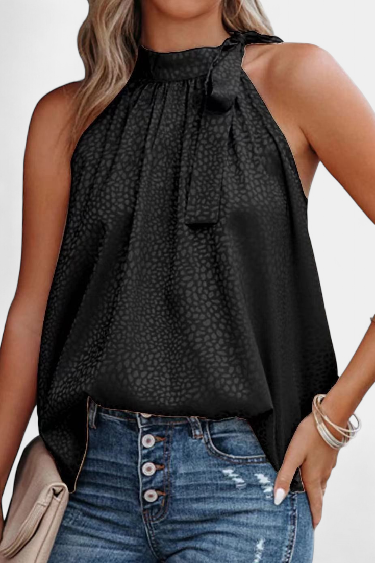 Adela Sleeveless Leopard Top with High Neck and Bow