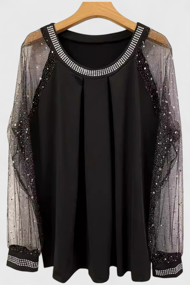 Flor Elegant Blouse with Tulle Sleeves and Rhinestone Accents