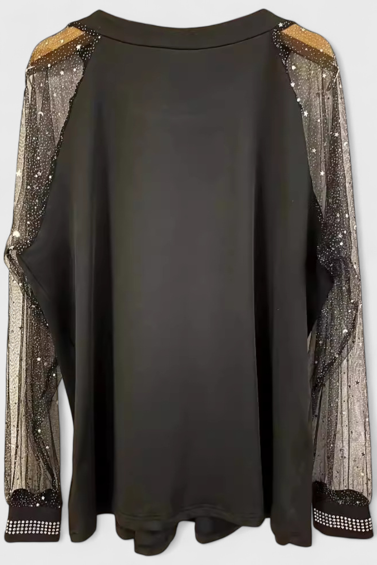 Flor Elegant Blouse with Tulle Sleeves and Rhinestone Accents