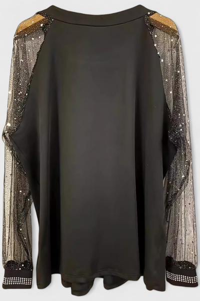 Flor Elegant Blouse with Tulle Sleeves and Rhinestone Accents