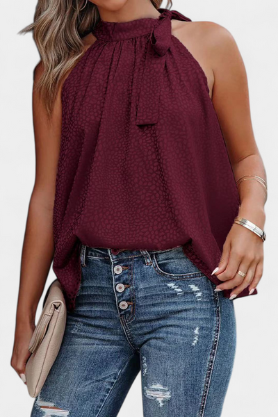Adela Sleeveless Leopard Top with High Neck and Bow