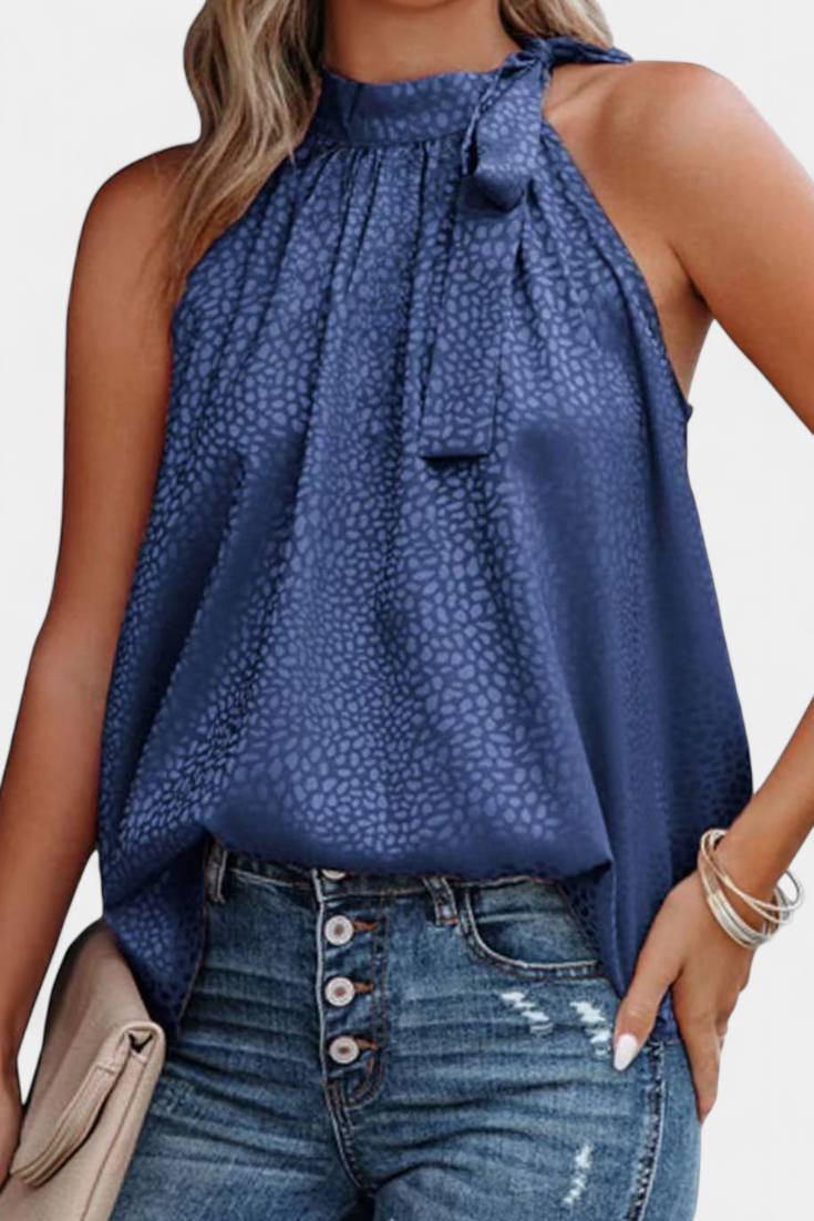 Adela Sleeveless Leopard Top with High Neck and Bow