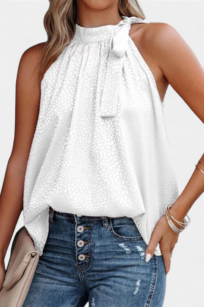 Adela Sleeveless Leopard Top with High Neck and Bow