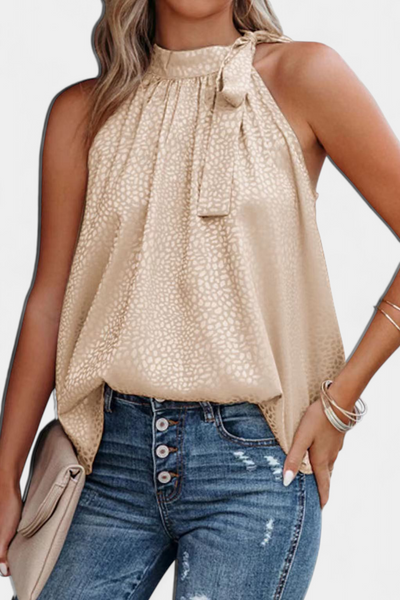 Adela Sleeveless Leopard Top with High Neck and Bow