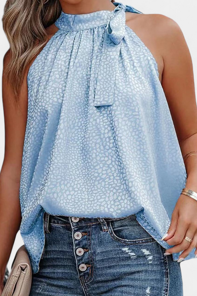 Adela Sleeveless Leopard Top with High Neck and Bow