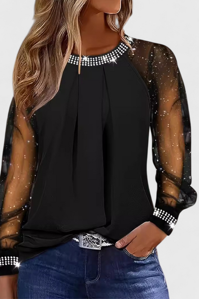 Flor Elegant Blouse with Tulle Sleeves and Rhinestone Accents