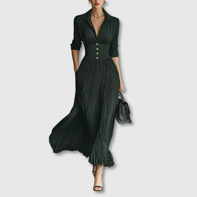 Elvira | Long Sleeve Pleated Lapel Dress