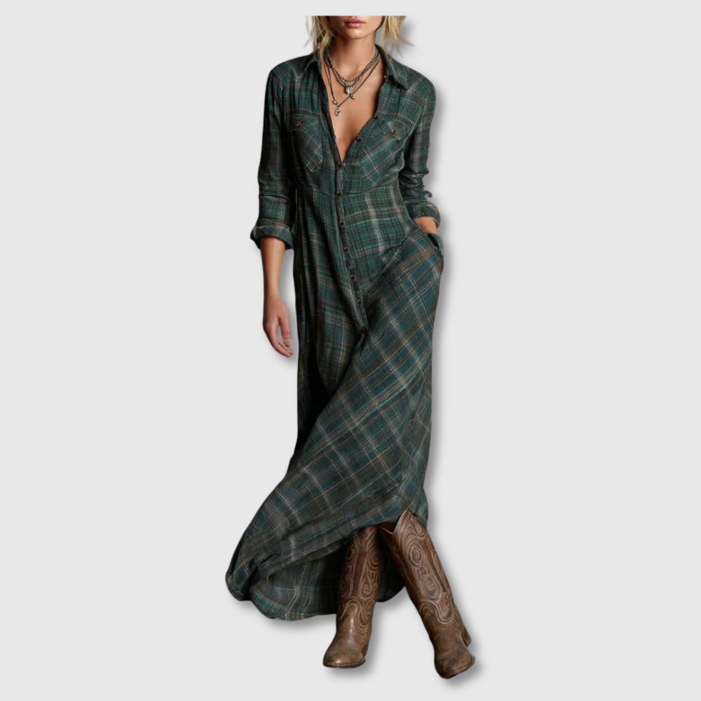 Mari Carmen | Long Green Checkered Dress