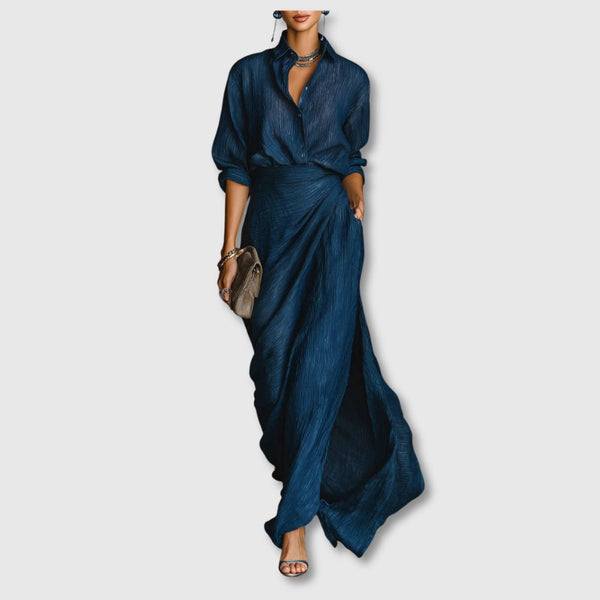 Valeria | Elegant shirt and long skirt set in a dark blue cotton-linen blend