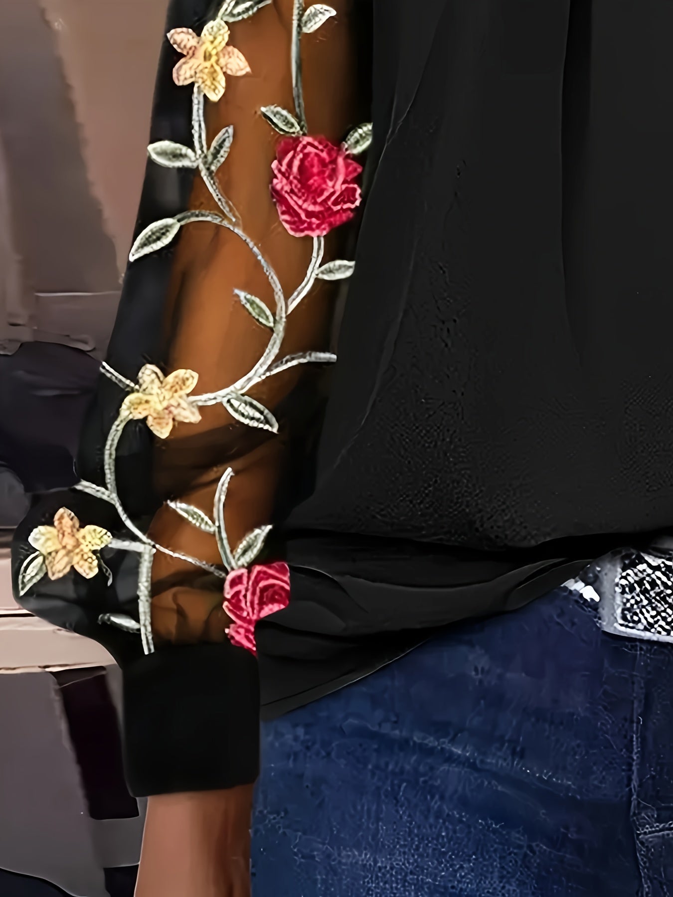 Prune | Black Top with Floral Sleeves