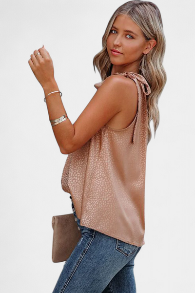 Adela Sleeveless Leopard Top with High Neck and Bow